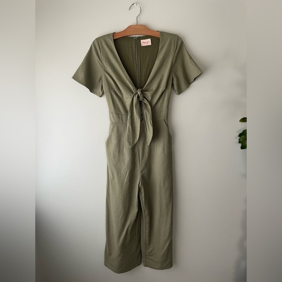 Showpo Australia Linen Blend Front Knot Tie Jumpsuit Wide Leg Khaki Green Small - Picture 1 of 10